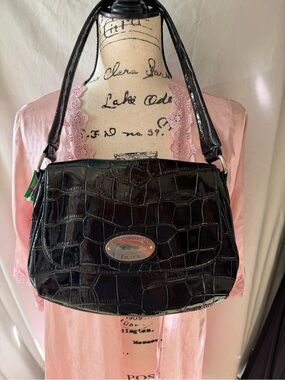 Liz Claiborne Black Croc-Embossed Patent Shoulder Bag